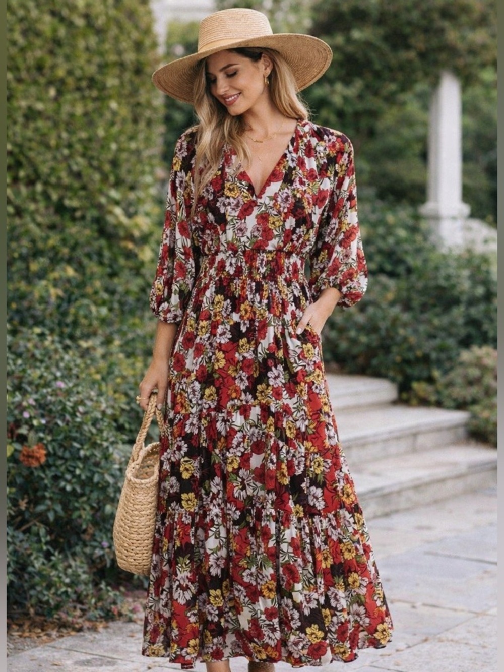 ANTHROPOLOGIE FIG AND FLOWER Boho Tiered Smocked Floral Maxi Dress Size Large